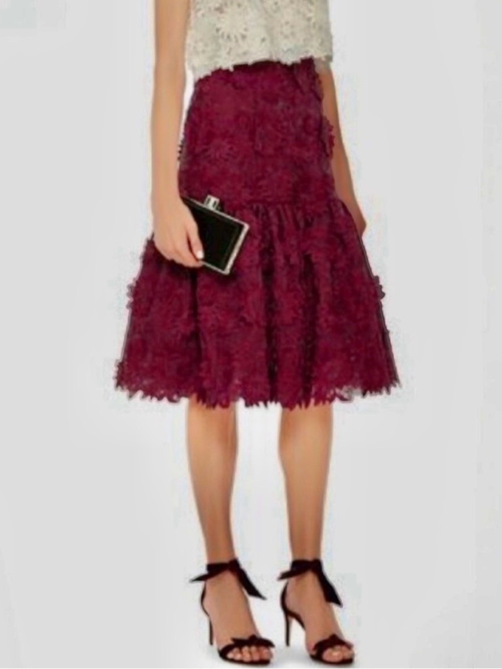 Costarellos Ruffled Guipure Lace Burgundy Midi Skirt XS luxury rare wedding